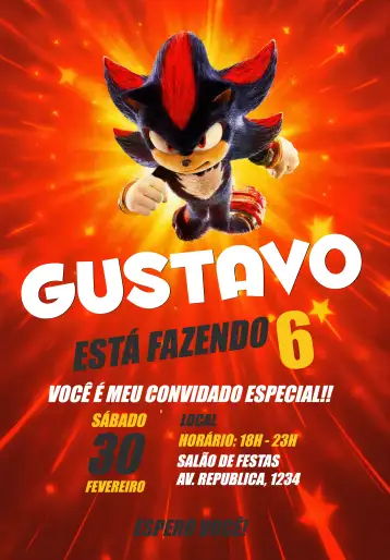 Convite Sonic 3 Shadow Movie para children's birthday with a sonic theme. – tema kids' birthday party (vibrant, modern, themed, colorful, lively)