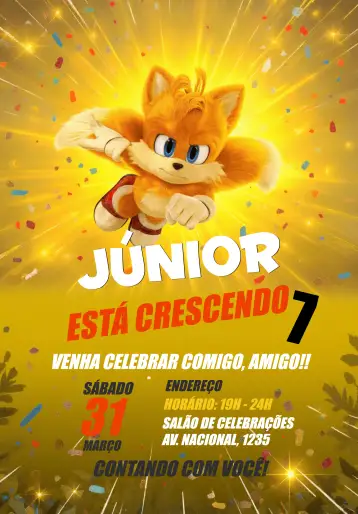 Convite Sonic 3 Tails Movie para children's birthday with sonic theme. – tema kids' birthday party (vibrant blue, comic book style, adventure, movie graphic elements, black and yellow, dynamic design)