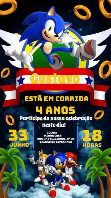 Convite Sonic Anel para aniversário infantil com tema do sonic. – tema mais pesquisados (colorido, divertido, jovial, moderno, jogos, aventura)