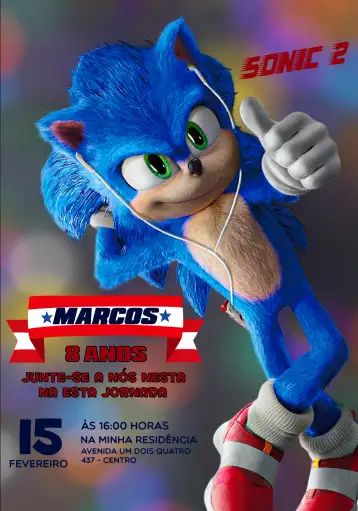 Convite Sonic Azul para cumpleaños infantil con temática de videojuegos. – tema más buscados (vibrante, colorido, temático, moderno, jogos, infantil)