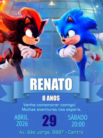 Convite Sonic E Shadows 3 para aniversário infantil com tema de jogos. – tema más buscados (azul, tema de juegos, personajes animados, divertido, moderno)