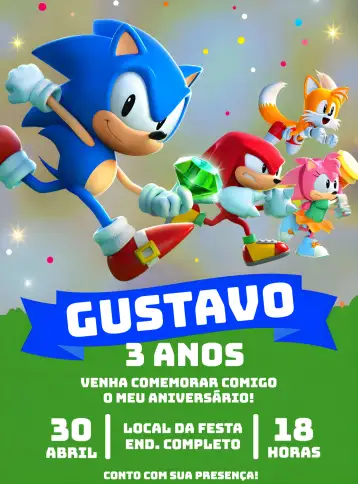 Convite Sonic Forest para children's birthday party with sonic theme. – tema most searched for (colorful, adventure-filled, youthful, dynamic, fantasy-themed)