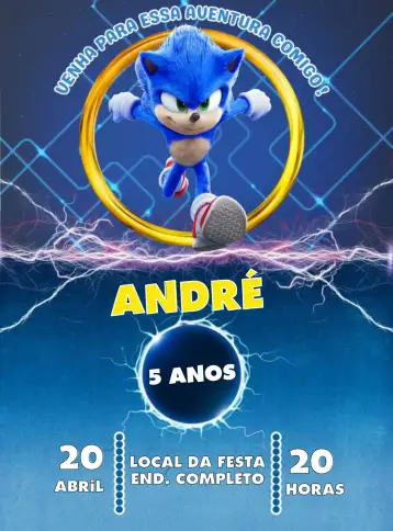 Convite Sonic Hedgehog para kids' birthday party with sonic hedgehog theme. – tema kids' birthday party (modern, colorful, themed, games, fun-filled)