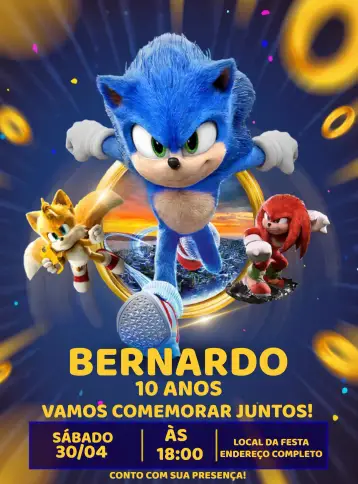 Convite Sonic Infantil editável e personalizável