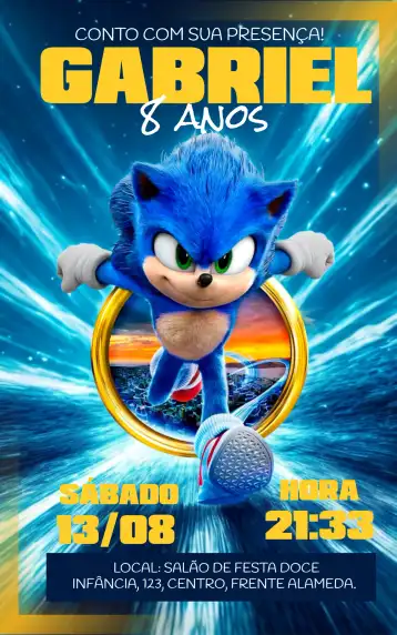 Convite Sonic O Filme Animado editável e personalizável