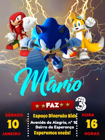Convite Sonic Negro para cumpleaños infantiles y fiestas temáticas. – tema más buscados (moderno, animado, joven, colorido, temático)