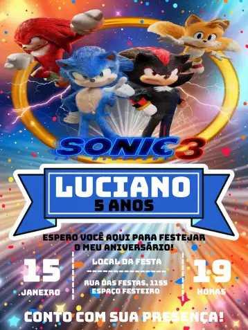 Convite Sonic The Hedgehog Tails para children's birthday with a sonic theme. – tema kids' birthday party (colorful, games, children's, fun-filled, dynamic, themed)