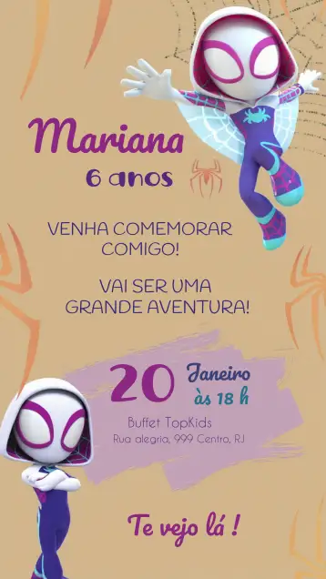 Convite Spidey Y Sus Amigos Espectaculares Gwen Miles para cumpleaños infantil. – tema más buscados (colorido, divertido, moderno, infantil, temático, vibrante)