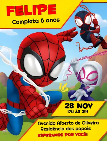 Convite Spidey E Seus Amigos Espetaculares Homem para aniversário infantil com tema de super-heróis. – tema mais pesquisados (colorido, divertido, temático, super-heróis, dinâmico, moderno)