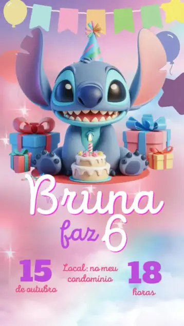 Convite Stich para aniversário infantil de meninas. – tema cartão (colorido, divertido, lúdico, moderno, feminino, alegre)