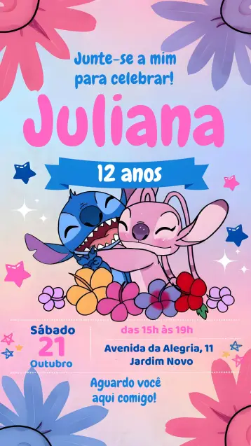 Convite Stich E Angel Azul editável e personalizável