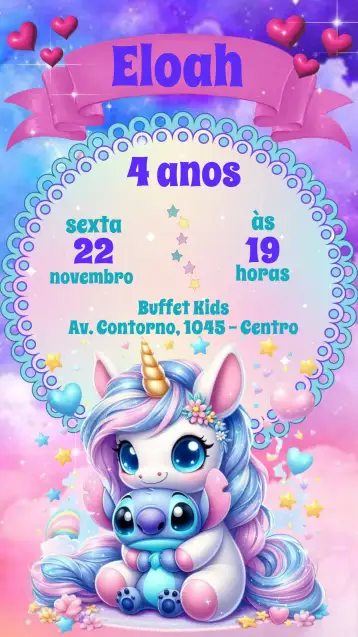 Convite Sticth para aniversário infantil. – tema aniversário infantil (colorido, divertido, infantil, temático, vibrante)