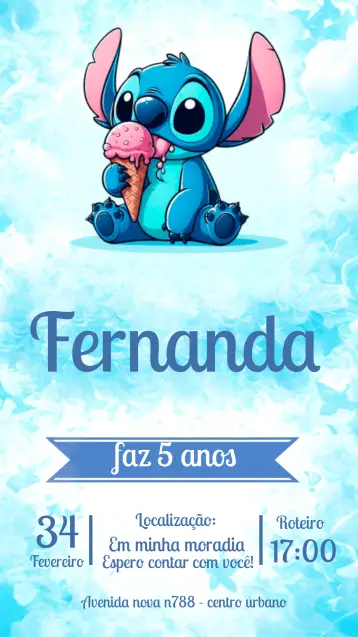 Convite Stitch para aniversário infantil – tema aniversário infantil (divertido, colorido, temático Disney, lúdico, infantil)
