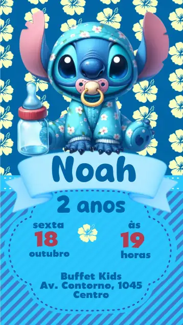 Convite Stitch para aniversário infantil com tema lilo e stitch. – tema aniversário infantil (colorido, lúdico, tropical, divertido, infantil, caracteres animados)