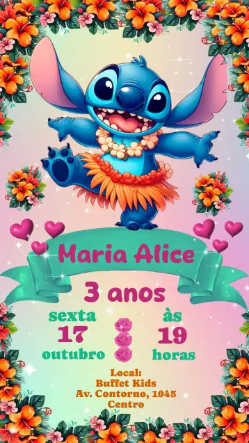 Convite Stitch para aniversário infantil com tema stitch. – tema aniversário infantil (colorido, divertido, temático, infantil, alegre, cartoon)