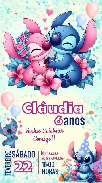 Convite Stitch Angel para aniversário infantil – tema mais pesquisados (azul, infantil, lúdico, divertido, colorido)