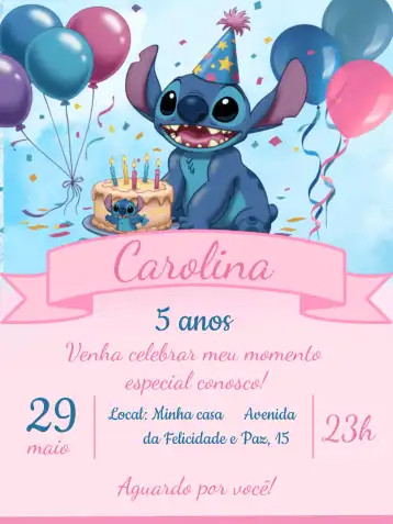 Convite Stitch Azul editável e personalizável