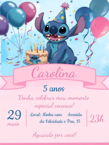 Convite Stitch Azul para aniversário infantil – tema mais pesquisados (floral, moderno, colorido, infantil, divertido, temático)