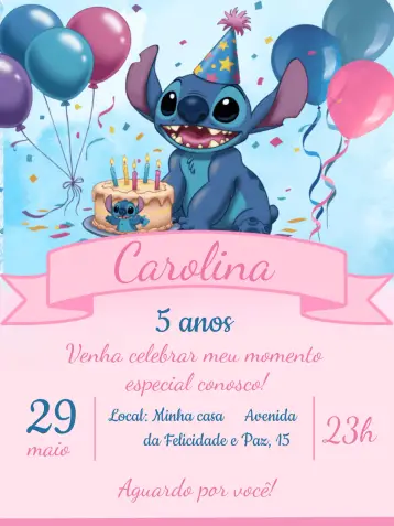 Convite Stitch Azul para aniversário infantil – tema mais pesquisados (floral, moderno, colorido, infantil, divertido, temático)