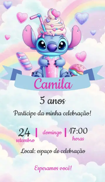 Convite Stitch Candy Colors editável e personalizável