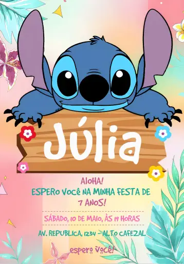 Convite Stitch Colorido para aniversário infantil – tema mais pesquisados (colorido, divertido, temático, ilustrações animadas, infantil, Disney)