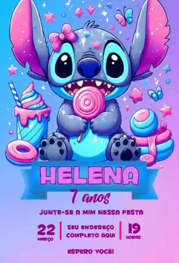Convite Stitch colors 2 para aniversário infantil – tema aniversário infantil (colorido, divertido, lúdico, vibrante, infantil, temático)