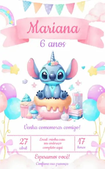 Convite Stitch Colors editável e personalizável