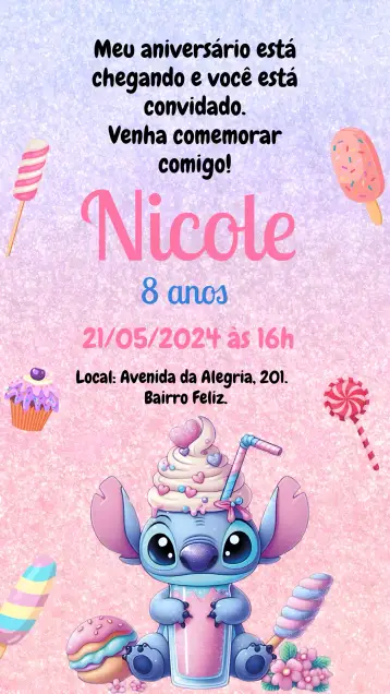 Convite Stitch Cupcake para aniversário infantil – tema mais pesquisados (rosa, divertido, colorido, temático, doces, brilhante)