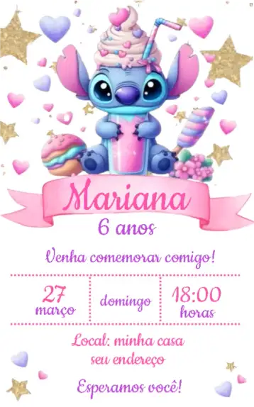 Convite Stitch doceria 2 para aniversário infantil. – tema aniversário infantil (doceria, temática, cores pastel, infantil, divertido, moderno)