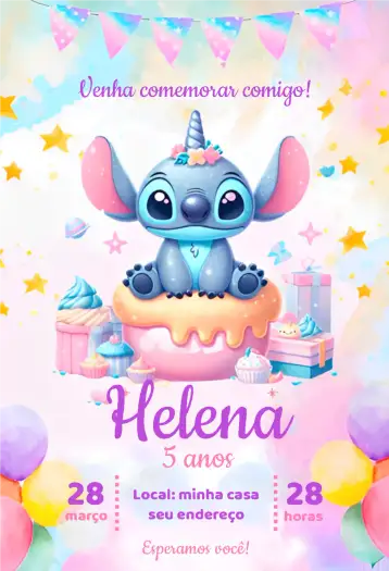 Convite Stitch Bakery para 15th birthday. – tema sweet 15 (candy, watercolor, colorful, pink, fun)