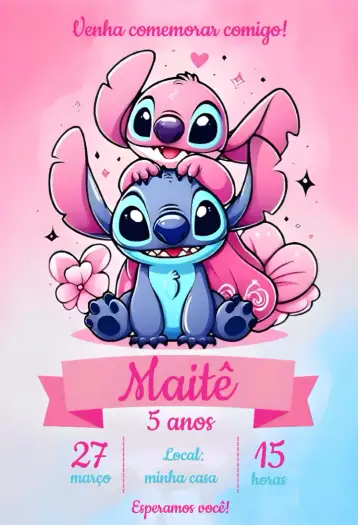 Convite Stitch Doces para aniversário infantil de menina. – tema aniversário infantil (rosa, aquarela, lúdico, fofo, confeitaria, temático)