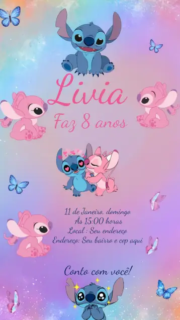 Convite Stitch E Angel Azul editável e personalizável