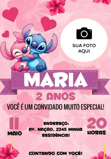 Convite Stitch E Angel Com Foto Azul para aniversário infantil – tema mais pesquisados (Disney, colorido, infantil, moderno, divertido, temático)