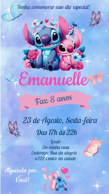 Convite Stitch E Angel Disney para aniversário infantil com tema disney. – tema mais pesquisados (colorido, lúdico, divertido, temático, infantil)