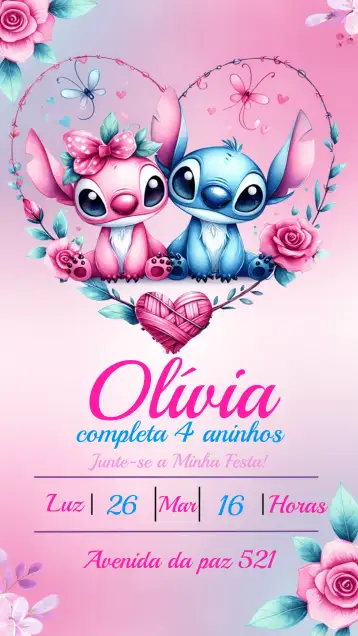 Convite Stitch Y Angel Fiesta para cumpleaños infantil – tema más buscados (colorido, infantil, divertido, moderno, temática Disney)