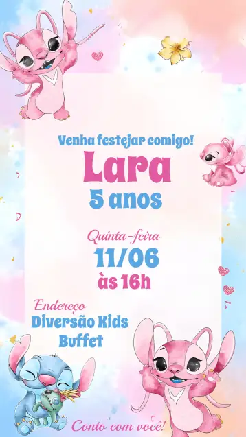 Convite Stitch E Angel Festa para aniversário infantil e festas temáticas. – tema mais pesquisados (aquarela, colorido, infantil, divertido, temático, lúdico)