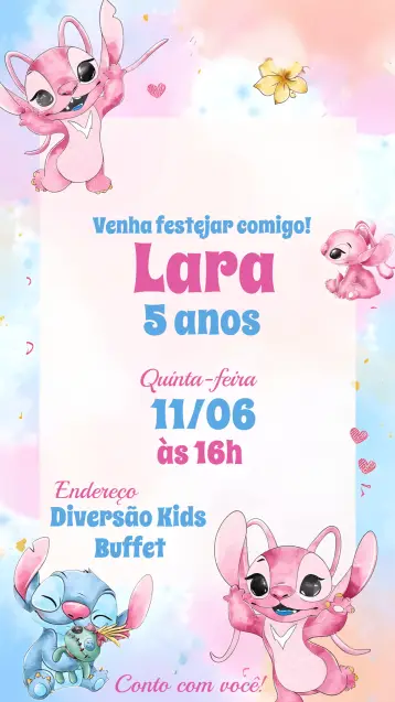 Convite Stitch E Angel Festa editável e personalizável