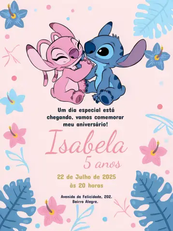 Convite Stitch E Angel Lilo para aniversário infantil com tema lilo e stitch. – tema mais pesquisados (tropical, colorido, divertido, infantil, vibrante, Disney)