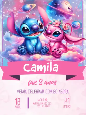 Convite Stitch E Angel Lilo para aniversário infantil. – tema mais pesquisados (colorido, divertido, infantil, temático, moderno)