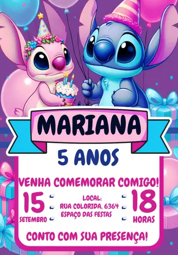 Invitación Stitch E Angel Chica editable y personalizable