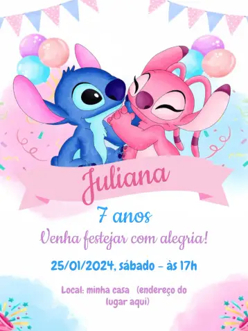 Convite Stitch E Angel Rosa para aniversário infantil – tema mais pesquisados (colorido, lúdico, infantil, divertido, moderno)