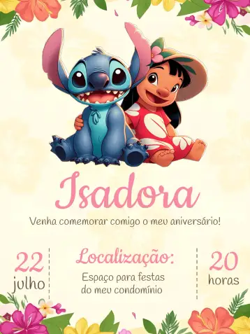 Convite Stitch E Lilo Floral para aniversário infantil. – tema mais pesquisados (floral, colorido, divertido, infantil, tropical)