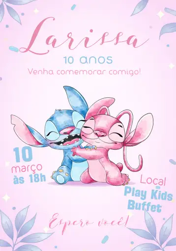 Convite Stitch E Lola Angel Lilo para aniversário infantil. – tema mais pesquisados (rosa, divertido, temático, infantil, colorido, lúdico)
