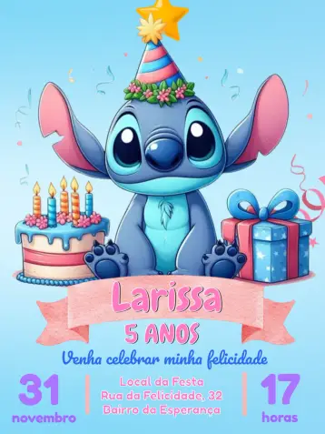 Convite Stitch Editar para aniversário infantil com tema disney. – tema mais pesquisados (rosa, azul, lúdico, infantil, Disney, divertido)