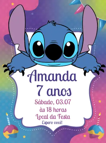 Convite Stitch Fazer para cumpleaños infantil con tema stitch. – tema más buscados (colorido, divertido, infantil, moderno, temático)