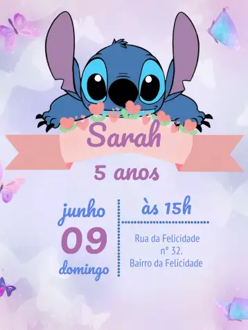 Convite Stitch Fiesta para cumpleaños infantil con temática de stitch. – tema más buscados (temática de película, colores vibrantes, elementos gráficos divertidos, estilo lúdico, diseño infantil)
