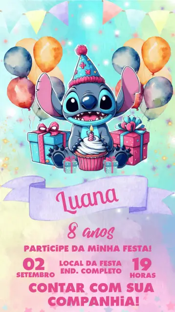 Convite Stitch Fofo editável e personalizável