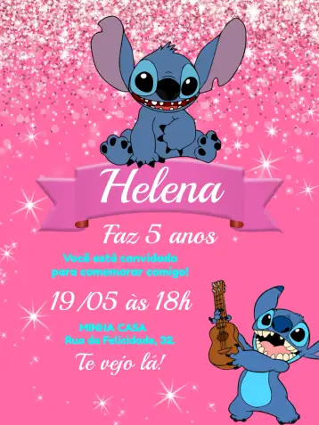 Convite Stitch Glitter para aniversário infantil com tema stitch. – tema mais pesquisados (glitter, rosa, divertido, animado, colorido, infantil)