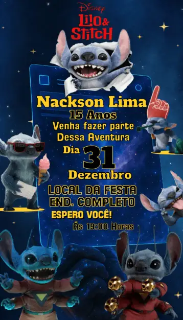 Convite Intergalactic Stitch para children's birthday with lilo and stitch theme. – tema birthday (colorful, fun, tropical, cartoon style, intergalactic, childlike)