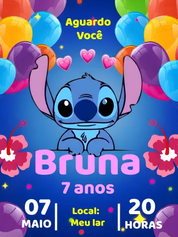 Convite Stitch Lilo para aniversário infantil – tema mais pesquisados (colorido, divertido, infantil, floral, moderno)